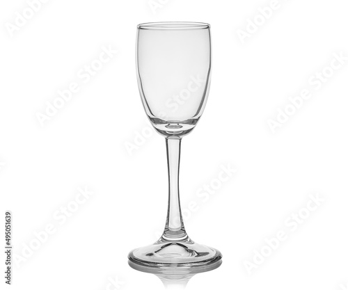 Empty transparent glass cup, shot glass, glass for wine, whiskey, cognac, martini, beer, juice and other drinks, isolated on white background. Dishes for bar, restaurant, pub.