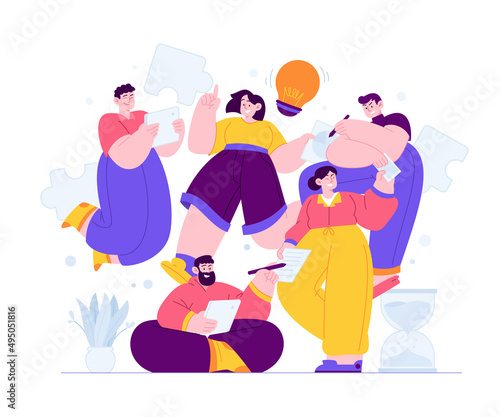Business Teamwork concept vector Illustration idea for landing page template, a puzzle as effective team collaboration process, active, busy and dynamic assistance help group. Hand drawn Flat Style
