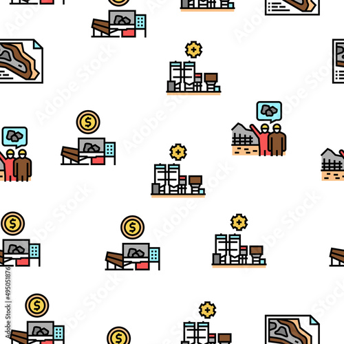 Quarry Mining Industrial Process Vector Seamless Pattern Thin Line Illustration