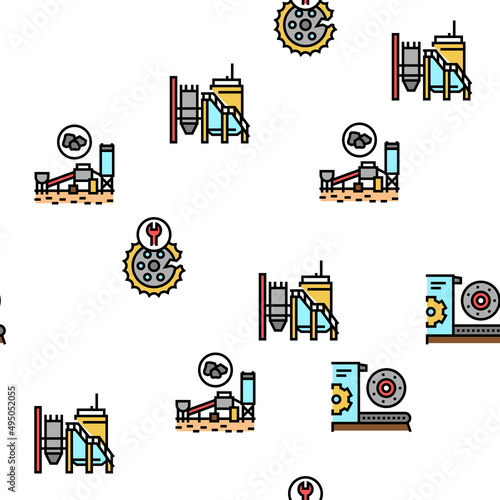 Quarry Mining Industrial Process Vector Seamless Pattern Thin Line Illustration