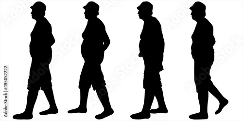 An older woman is walking. Hiking. Woman in a cap and shorts. Woman 80 years old. Human poses are suitable for motion animation. Four black female silhouettes isolated on white background.