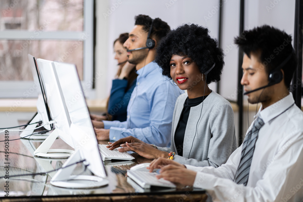 Positive Customer Services Agent With Headset Working Positive Customer Services Agent With Headset Working