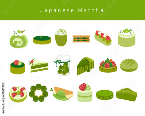 Flat Collection of different Japanese and French matcha dessert patterns, cakes, cookies, towers, latte