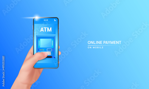 Online payment. Hand holding smartphone with online payment app for smartphone bank mockup. Secure mobile banking finance concept. On blue background vector. ATM money transfers financial transactions