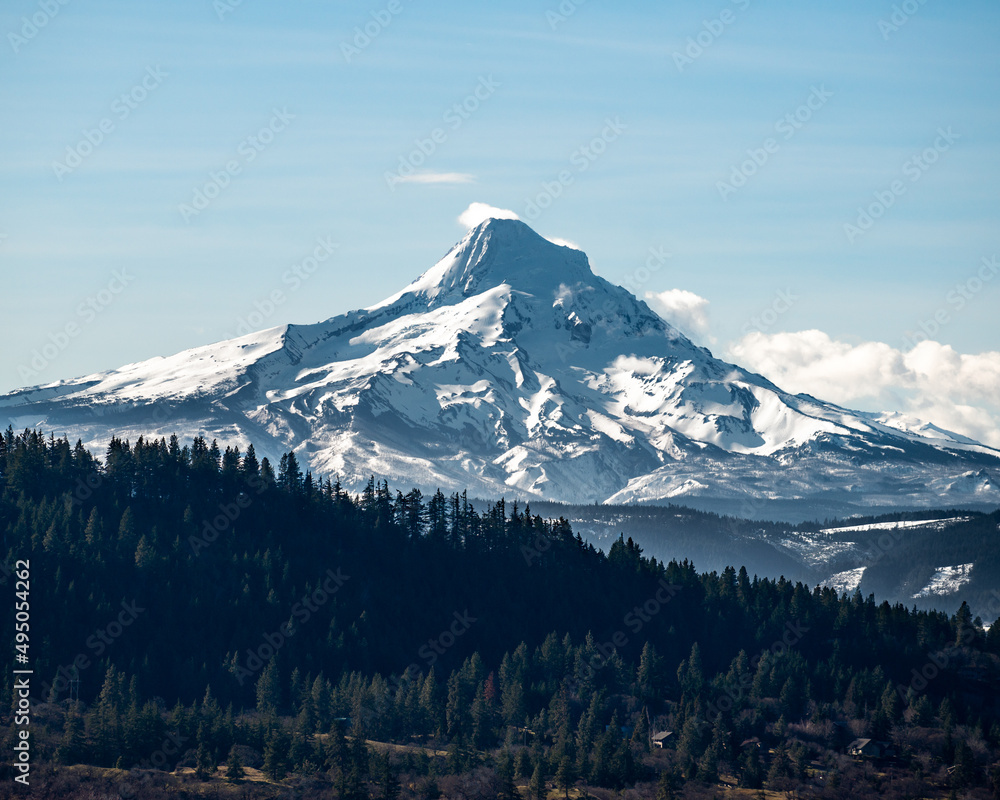 Snow Covered Mt Hood in Oregon. North face of the mountain as seen from White Salmon, Washington.
