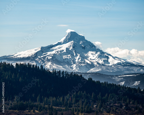 Snow Covered Mt Hood in Oregon. North face of the mountain as seen from White Salmon, Washington.