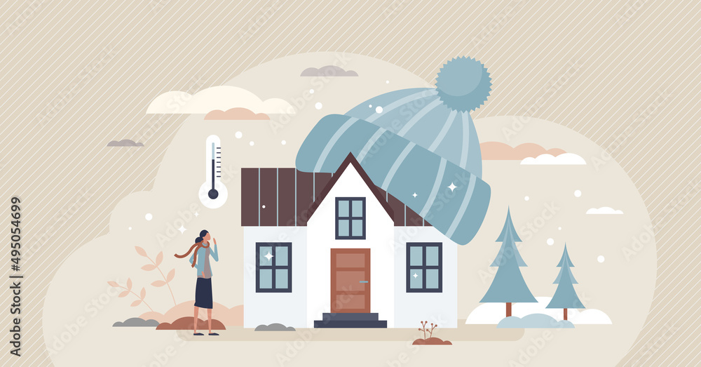 Home heating with temperature warming and insulation tiny person concept. Climate control in winter with radiator thermostats vector illustration. Domestic house and real estate thermal equipment.