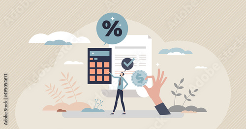 Income tax calculation and financial VAT money refund tiny person concept. Government payment calculation after accounting annual budget analysis vector illustration. Personal paperwork management. photo