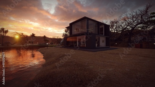 black modern house in front of the lake sunset view 3d illustration