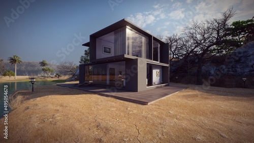 black minimalist house in the lawn 3d illustration