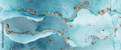 Alcohol ink texture. Abstract hand painted blue and gold background.