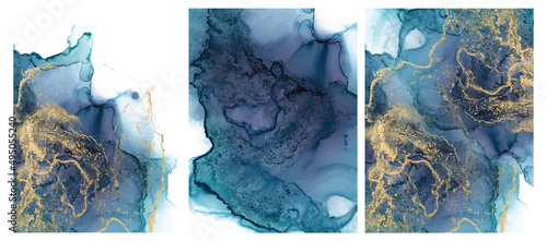 Alcohol ink texture. Abstract hand painted blue and gold background.