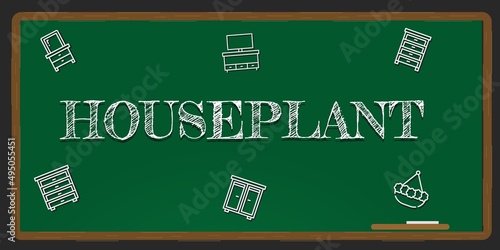 Illustration depicting a green chalkboard with a houseplant concept written on it in white.