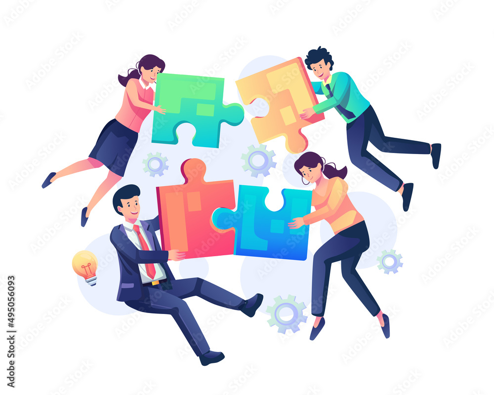 Floating people connecting piece puzzle elements. Team metaphor, teamwork, Business cooperation, partnership concept. Flat style vector illustration Floating people connecting piece puzzle elements. Team metaphor, teamwork, Business cooperation, partnership concept. Flat style vector illustration
