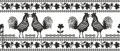Vector monochrome seamless Ukrainian national ornament flowers and roosters. Ethnic endless pattern, border, frame of Slavic peoples, Russian, Belarusian, Serb, Bulgarian, Pole. Cross-stitch.
