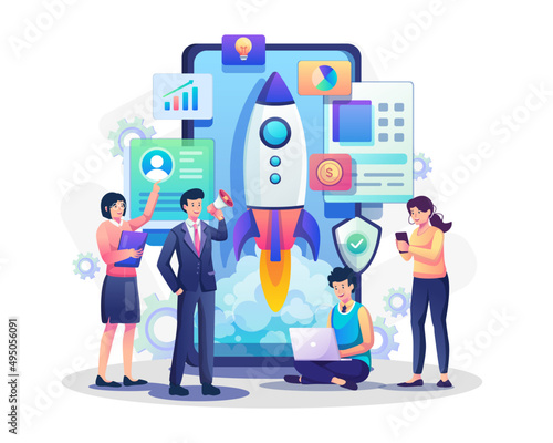 Startup project mobile development team. Rocket startup takes off for launching a new business. Start Your Business. Flat style vector illustration