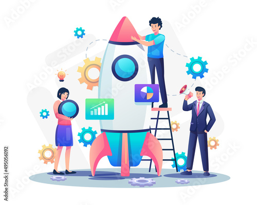 People are working together to build a rocket. Startup project development team. Start Your Business and teamwork concept. Flat style vector illustration