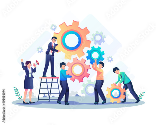 people putting together a series of cogwheels. business mechanism with gears. the business solution, teamwork, and process concept. Flat style vector illustration