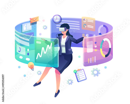 floating businesswoman wearing virtual reality glasses, touching and analyzing the business chart interface. Flat style vector illustration