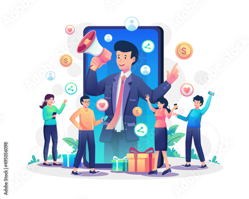 Refer a friend concept with businessman shout on megaphone come out from a big smartphone. Referral or Digital Marketing and Advertising. Flat style vector illustration