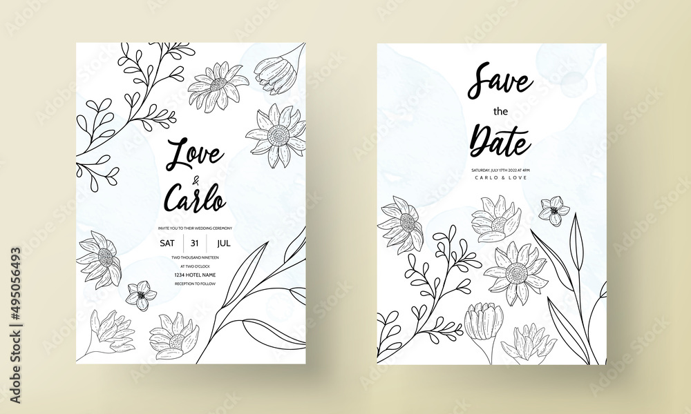 Elegant minimal hand drawn floral wedding invitation template