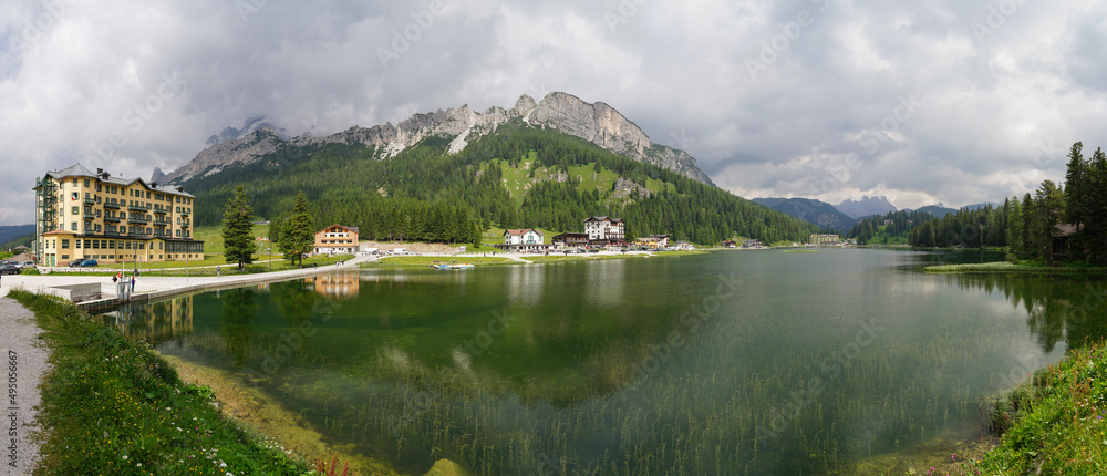 Misurina, Auronzo, Italy. Amazing view of the Misurina lake. Dolomiti, Alps, South Tyrol, Italy, Europe. Colorful summer landscape of the Misurina lake. Touristic destination. Famous landmark