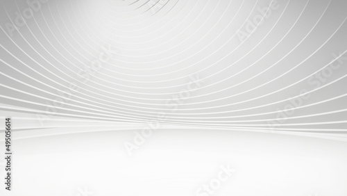 3D Rendering of white empty room with abstract geometry circle rings background. For product show case, show room, advertising or promotion background