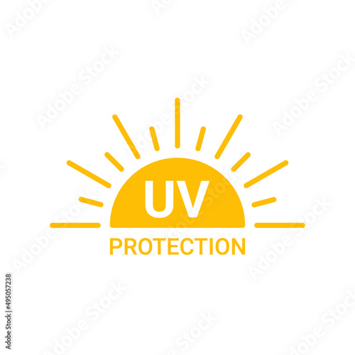 Yellow sun with inscription uv protection icon, sunblock from sunshine and solar burn. Circle full sun and sunlight. Hot solar energy for tan. Vector sign