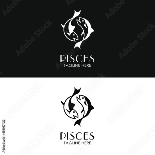Pisces fish in twin style silhouette for vintage retro classic horoscope zodiac sign and fishing sport mascot seafood restaurant logo design vector