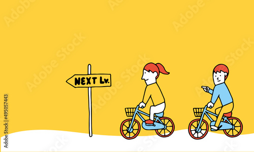 自転車に乗って次のレベルを目指す男女のイラスト