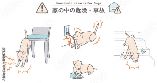 犬のイラストセット　家の中の危険・事故