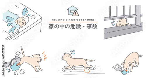 犬のイラストセット　家の中の危険・事故