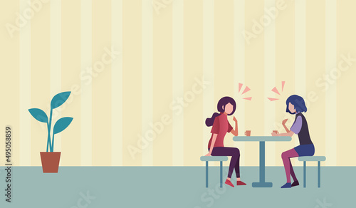 談笑する女性　室内　家　カフェ　人物フラットイラスト　ベクター