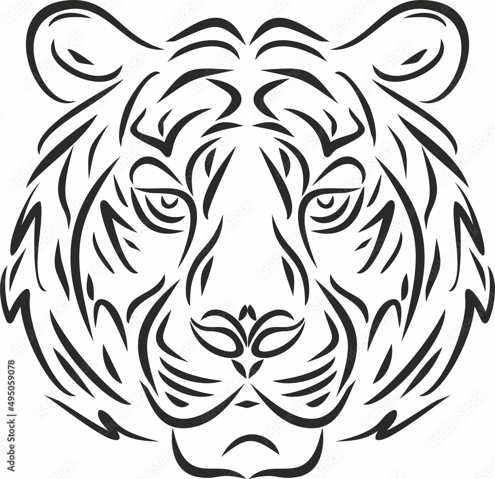 Vector monochrome muzzle of a tiger. Striped cat, face, eyes, nose, ears. Drawn with strokes.
