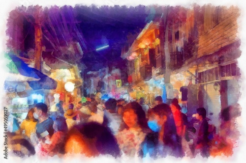 Landscape of the Night Market at Chiang Khan District Loei Province, Thailand watercolor style illustration impressionist painting. © Kittipong