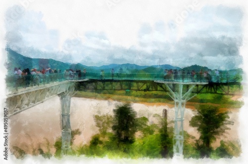 Mekong River landscape in Thailand watercolor style illustration impressionist painting. © Kittipong