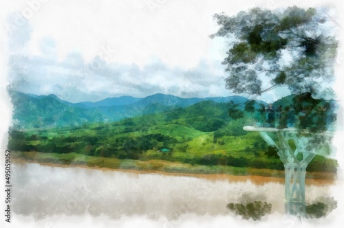 Mekong River landscape in Thailand watercolor style illustration impressionist painting. © Kittipong