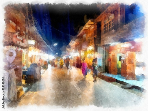 Landscape of the Night Market at Chiang Khan District Loei Province, Thailand watercolor style illustration impressionist painting.
