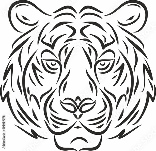 Vector monochrome muzzle of a tiger. Striped cat, face, eyes, nose, ears. Drawn with strokes. 