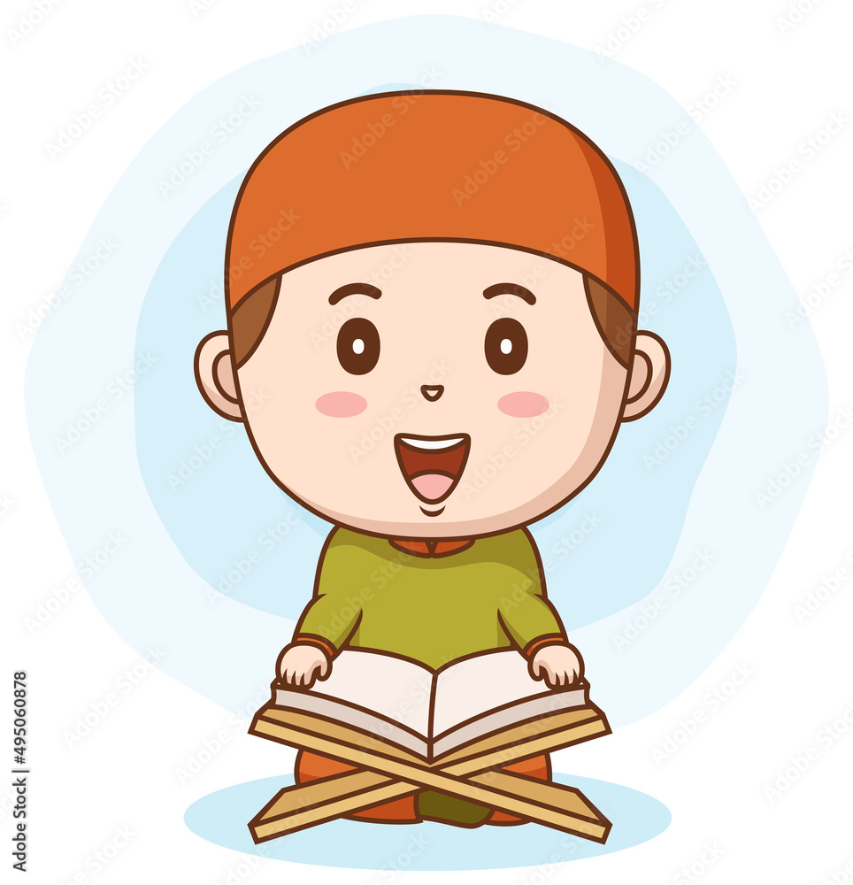 Happy muslim boy reading Quran book. Vector illustration