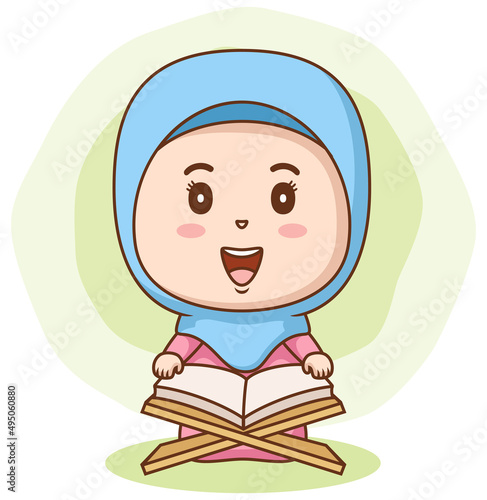 Happy muslim girl reading Quran book. Vector illustration
