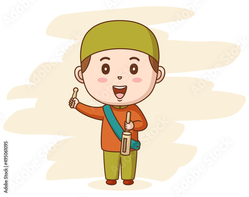 Cute muslim kid playing a traditional music. Vector illustration