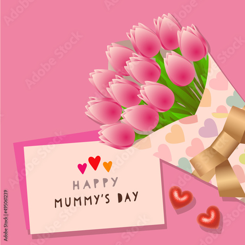 A setting for celebrating Mother’s Day tulips wrapped with golden ribbon, a card written happy mummy day, two 3d red heart placed aside on pink background. Vector.