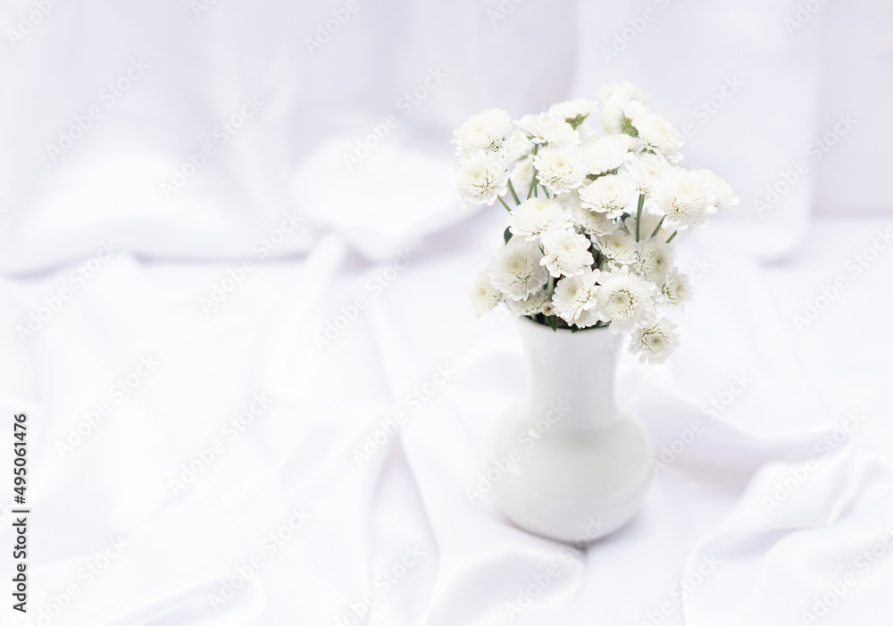 White flowers in white vase on white background with copy space and selective focus. Greeting or invitation card