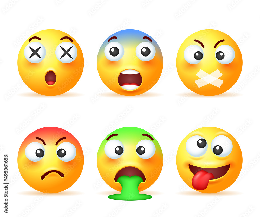 Set of different yellow emoji isolated on white background.