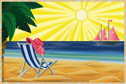 Tropical beach art deco background, vector illustration	