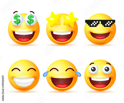 Set of smiling yellow emoji isolated on white background.