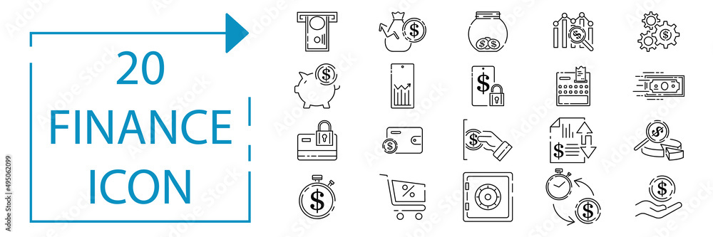 Simple Set of Money Related Vector Line Icons. Contains such Icons as Wallet, ATM, Bundle of Money, Hand with a Coin and more. Editable Stroke. Finance or economy
