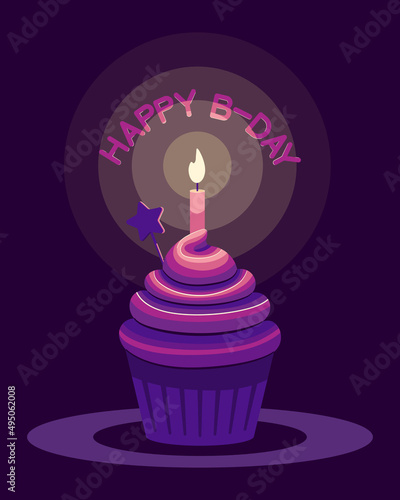 cute happy birthday card with cake and candle. vector illustration
