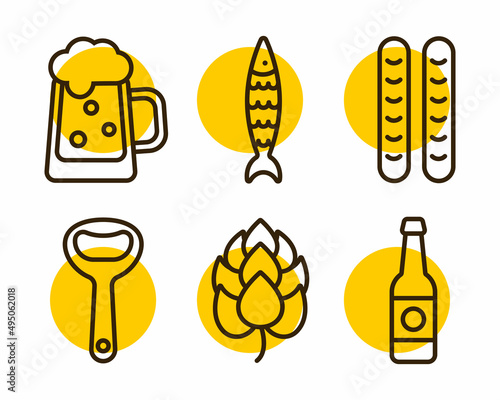 beer mug and bottle icon, fish, hop, sausage, bottle opener thin line for web and mobile, modern minimalist flat design.